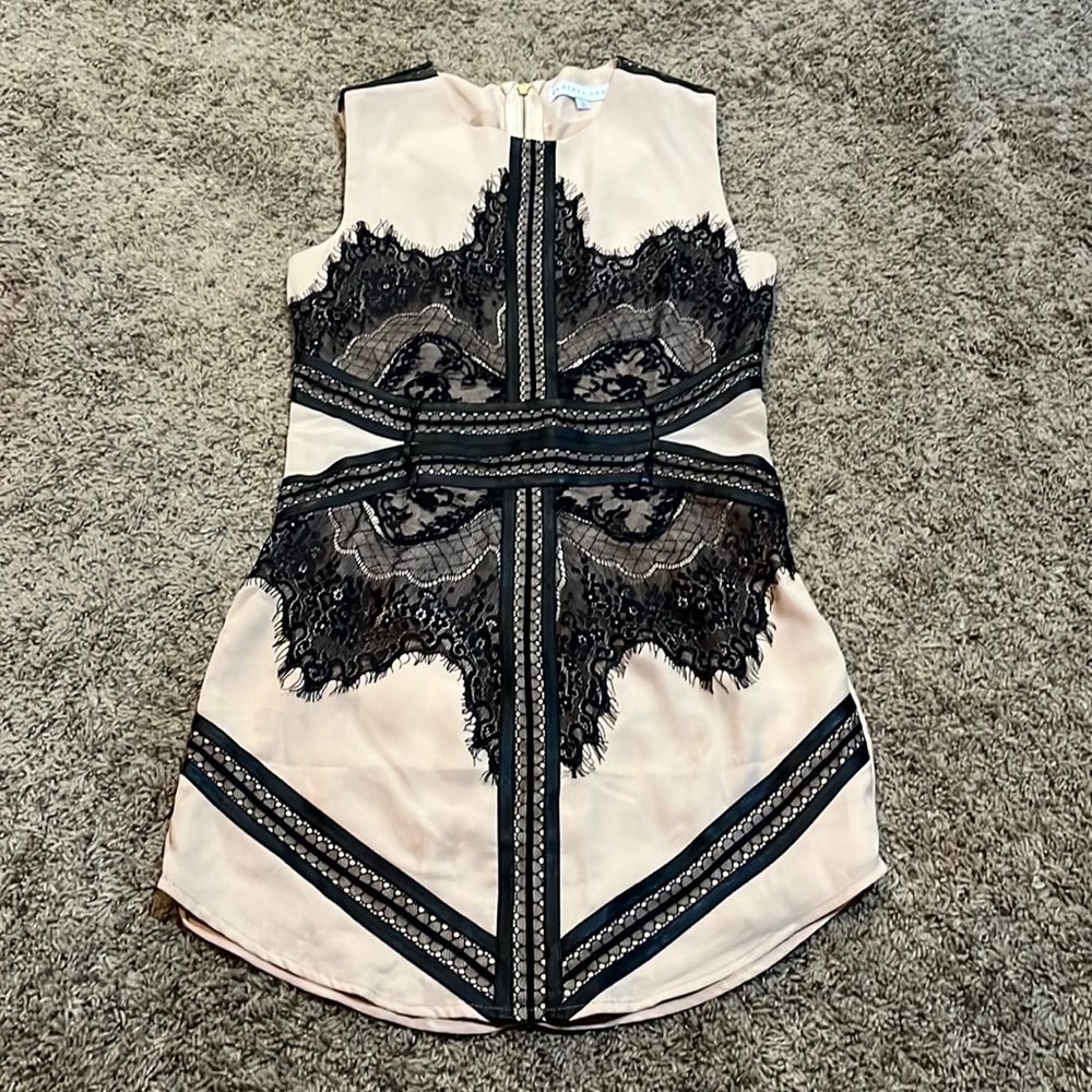 Nude and black lace/leather mini dress